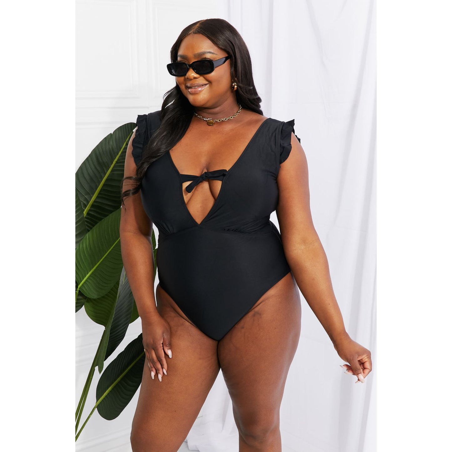 Marina West Swim Seashell Ruffle Sleeve One-Piece in Black - TiffanyzKlozet