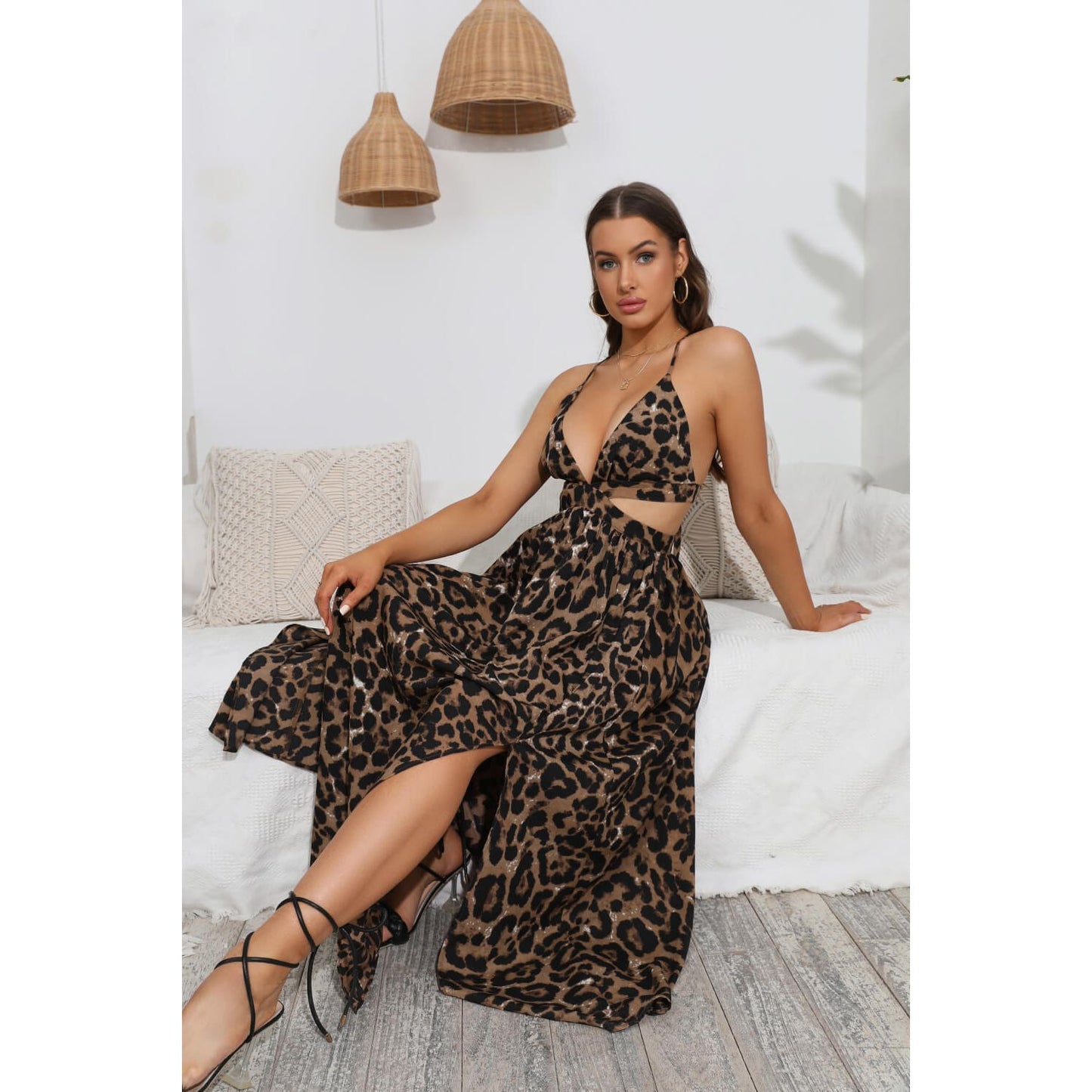 Leopard Deep V Tie Back Split Dress - TiffanyzKlozet