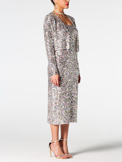 Sequin Cardigan and Straight Dress Set - TiffanyzKlozet