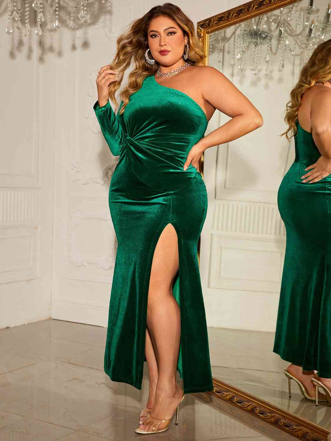 Plus Size One-Shoulder Twisted Split Dress - TiffanyzKlozet