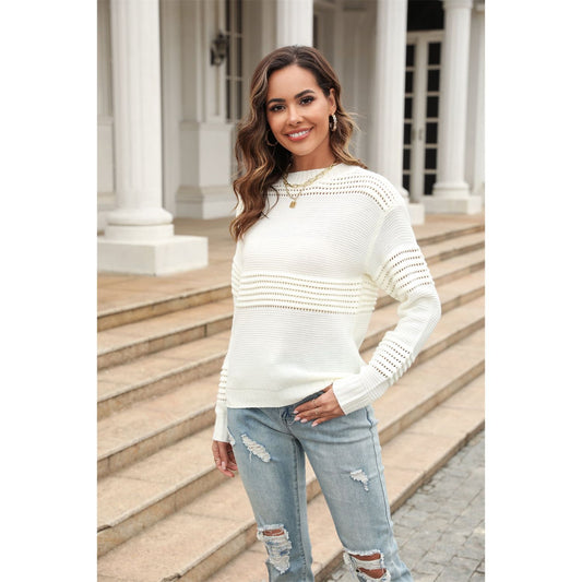 Round Neck Openwork Long Sleeve Pullover Sweater - TiffanyzKlozet