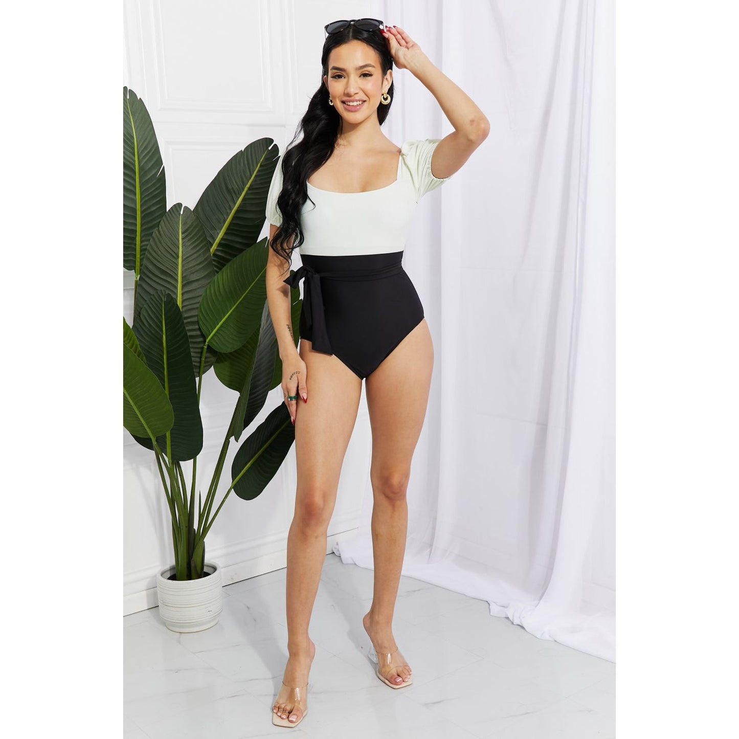 Marina West Swim Salty Air Puff Sleeve One-Piece in Cream/Black - TiffanyzKlozet