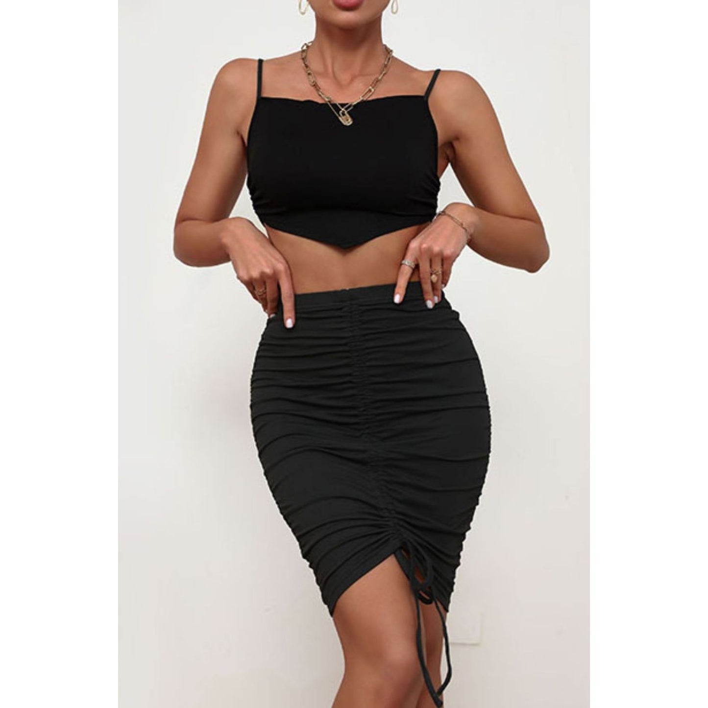 Spaghetti Strap Cropped Top and Ruched Skirt Set - TiffanyzKlozet