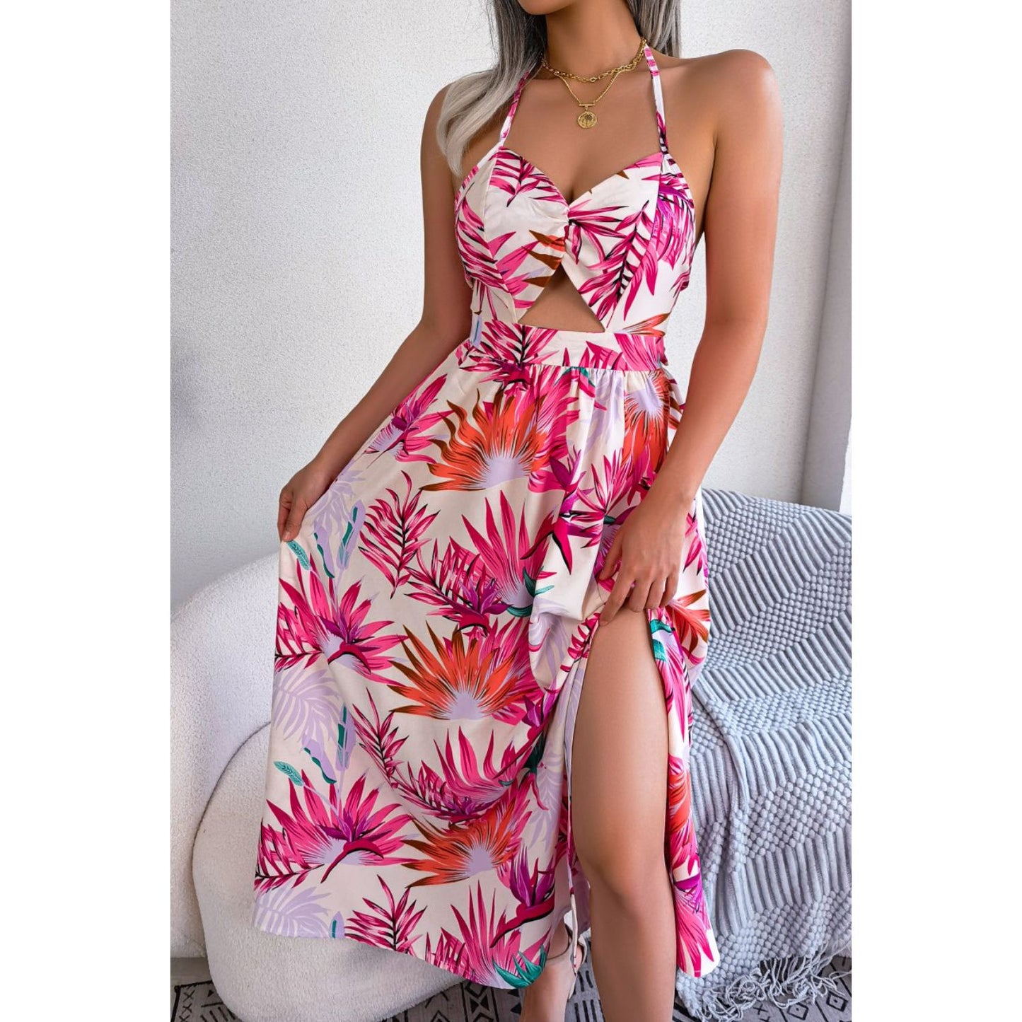 Botanical Print Tied Backless Cutout Slit Dress - TiffanyzKlozet