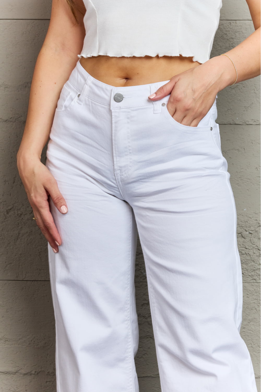 RISEN Raelene Full Size High Waist Wide Leg Jeans in White - TiffanyzKlozet