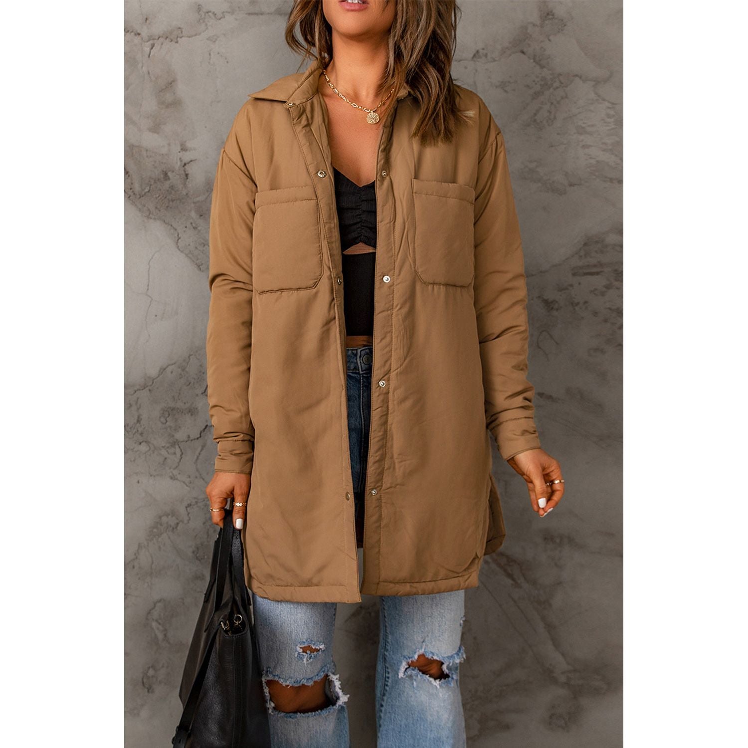 Snap Down Side Slit Jacket with Pockets - TiffanyzKlozet