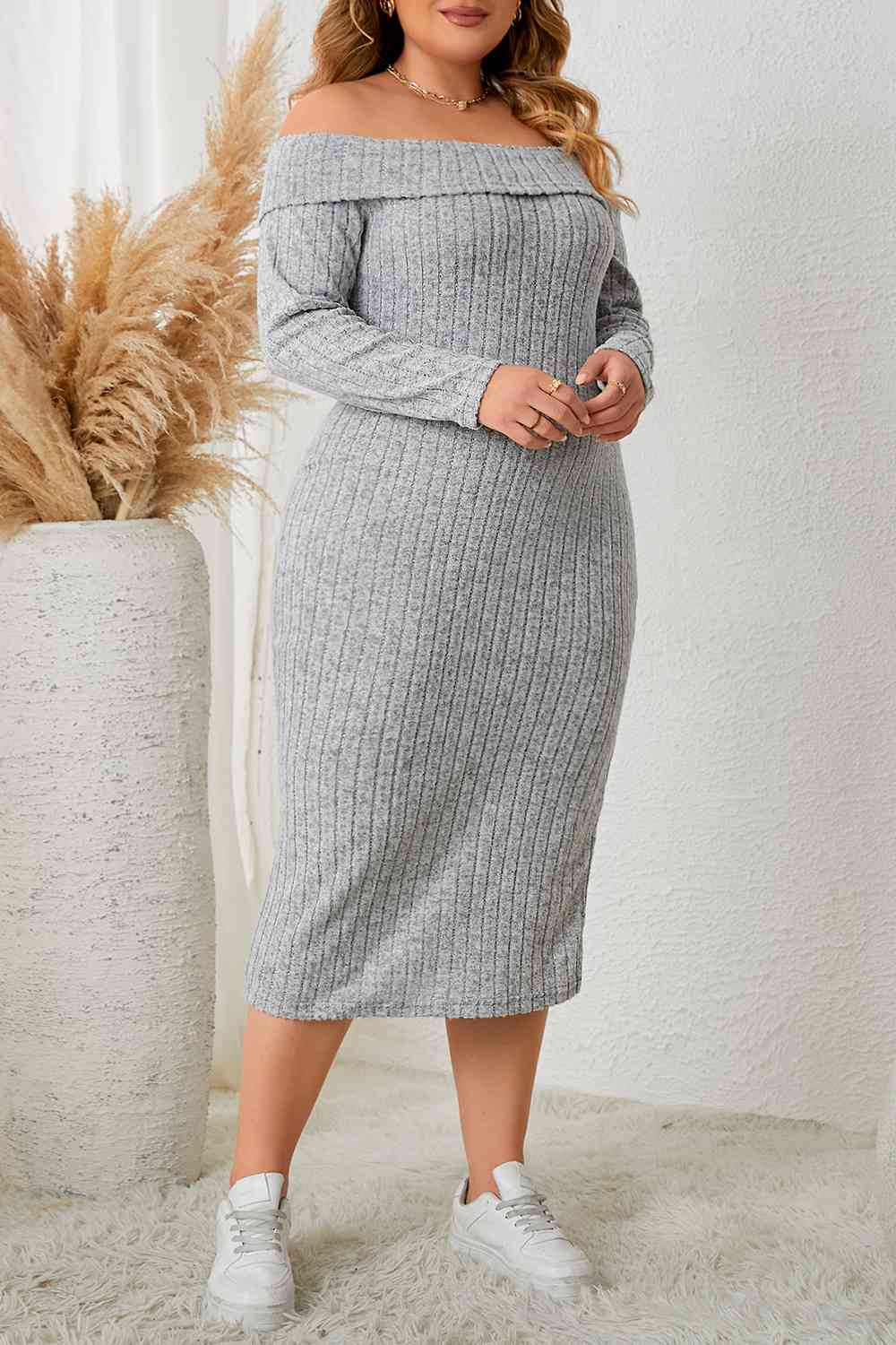 Plus Size Square Neck Long Sleeve Slit Dress - TiffanyzKlozet