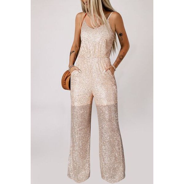 Sequin Spaghetti Strap Wide Leg Jumpsuit - TiffanyzKlozet