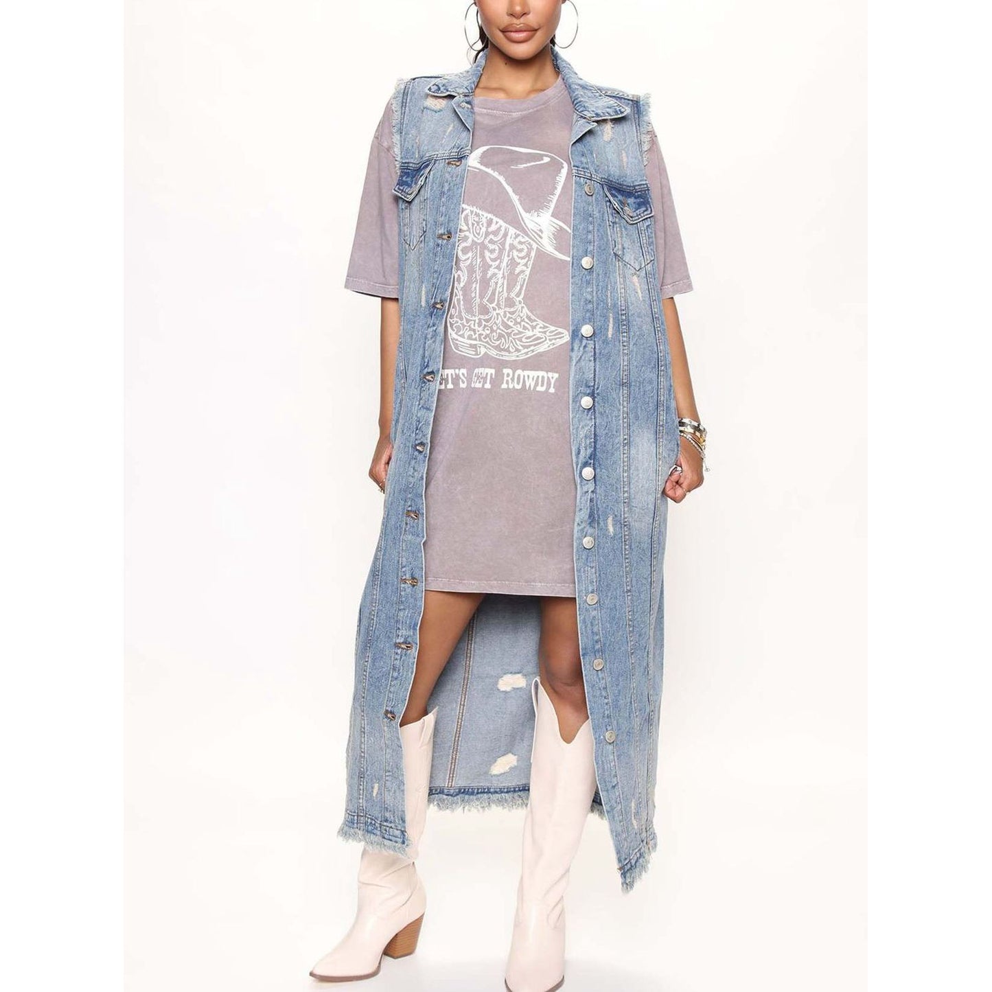 Long Sleeveless Denim Jacket - TiffanyzKlozet