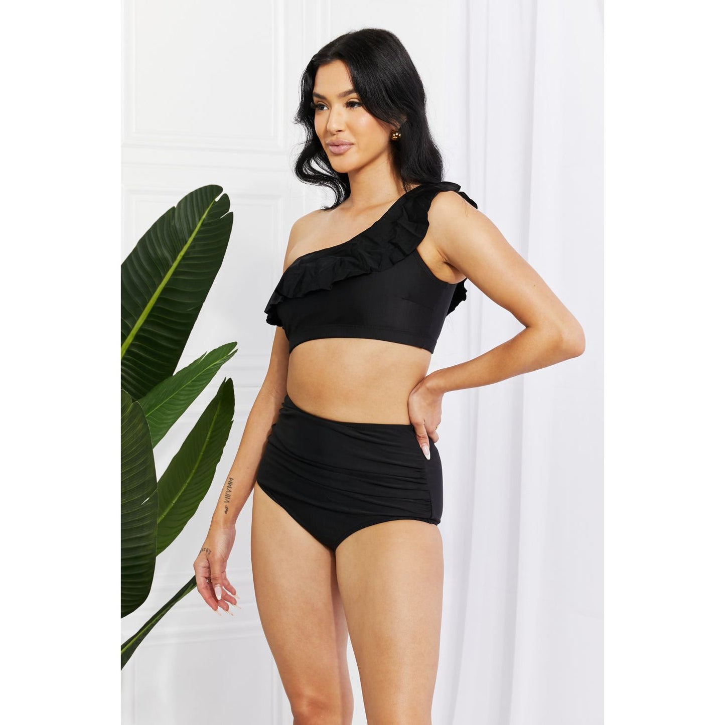 Marina West Swim Seaside Romance Ruffle One-Shoulder Bikini in Black - TiffanyzKlozet