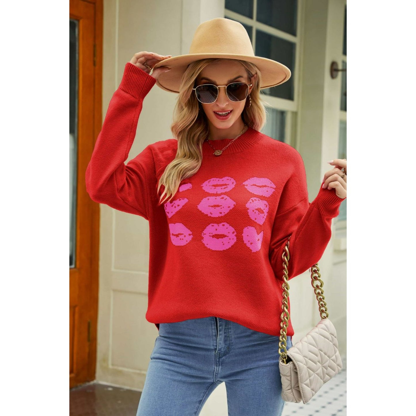 Lip Graphic Slit Dropped Shoulder Sweater - TiffanyzKlozet