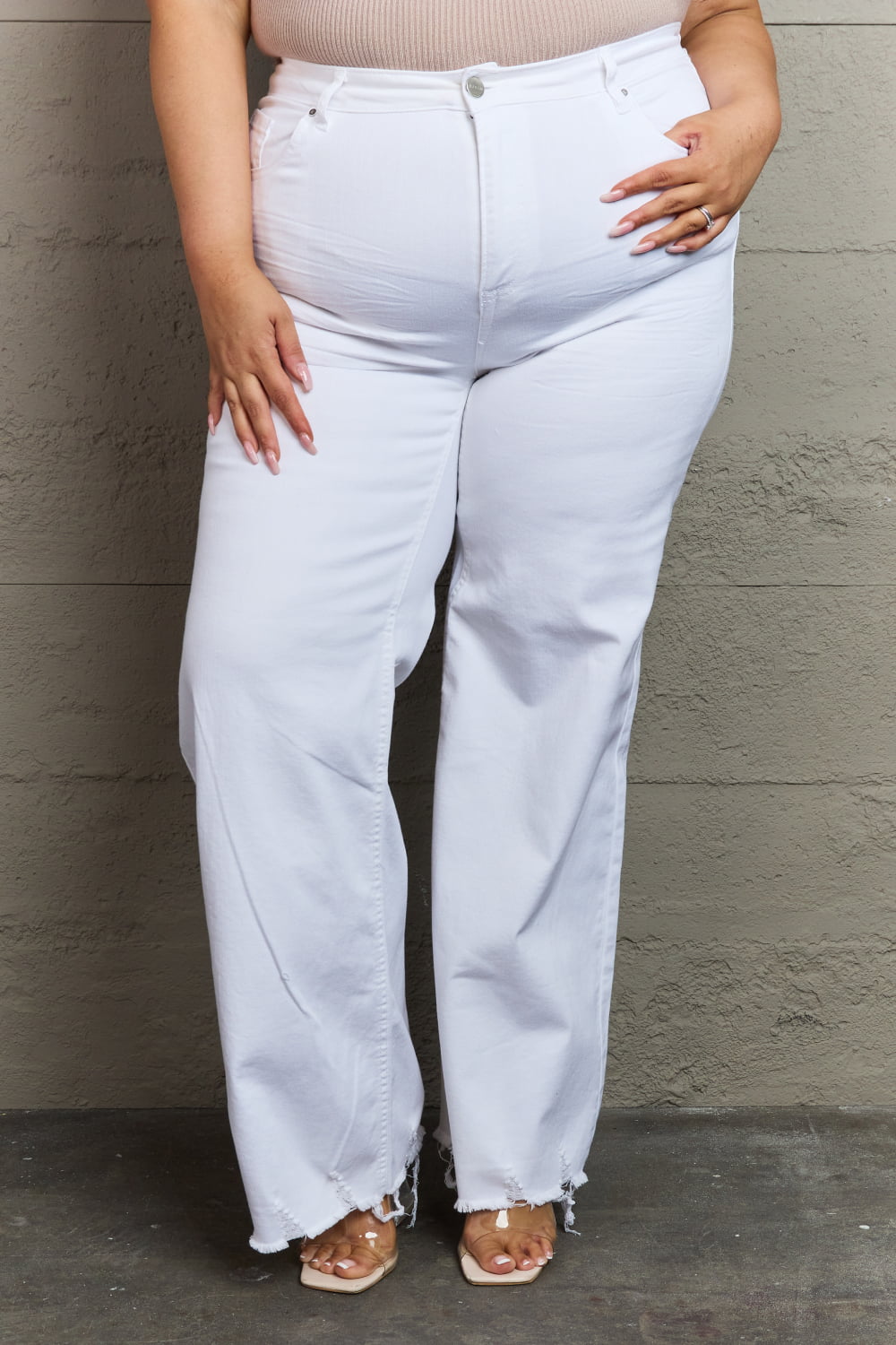 RISEN Raelene Full Size High Waist Wide Leg Jeans in White - TiffanyzKlozet