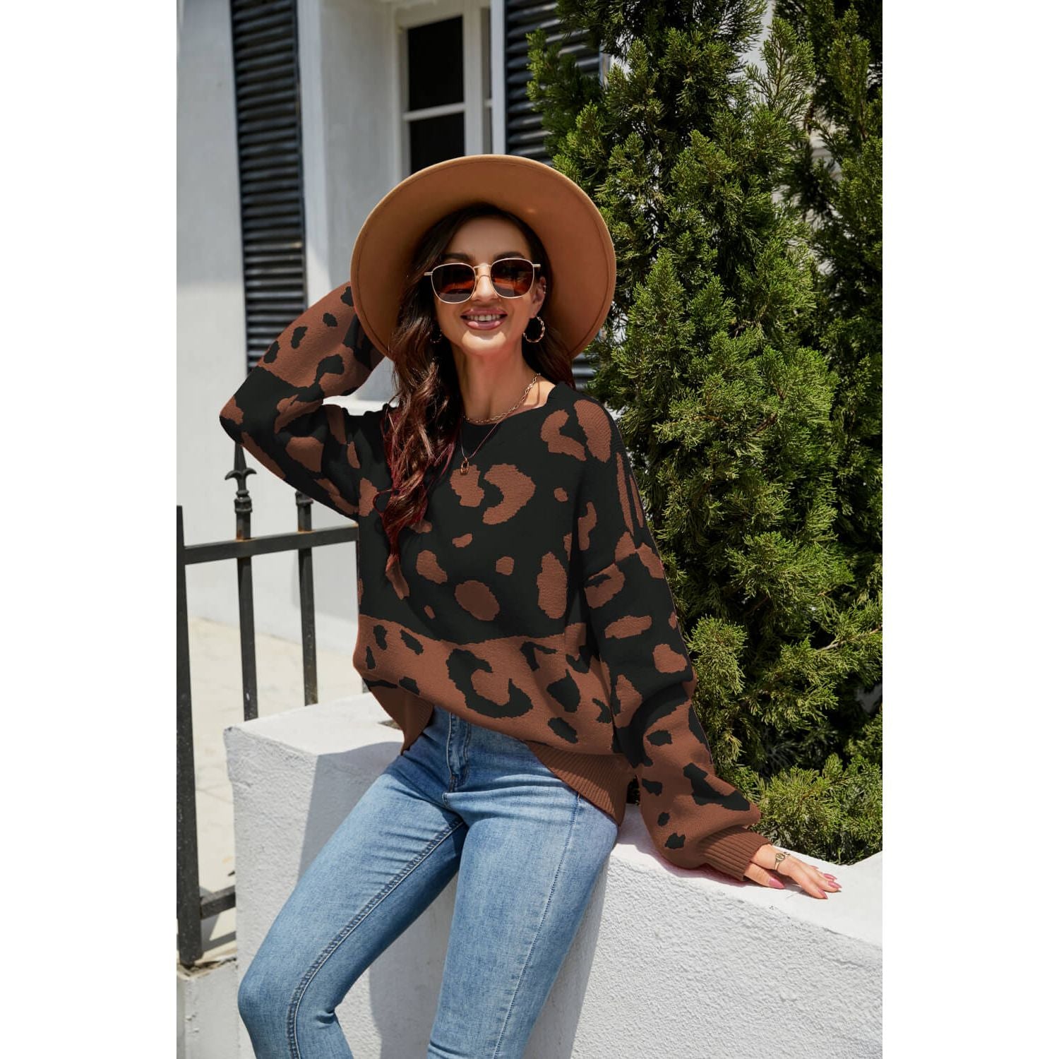 Woven Right Leopard Ribbed Trim Dropped Shoulder Sweater - TiffanyzKlozet