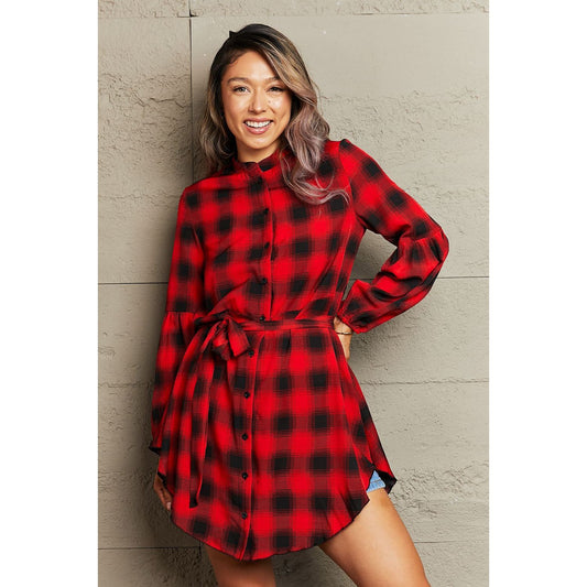 Plaid Tie Waist Balloon Sleeve Mini Dress - TiffanyzKlozet