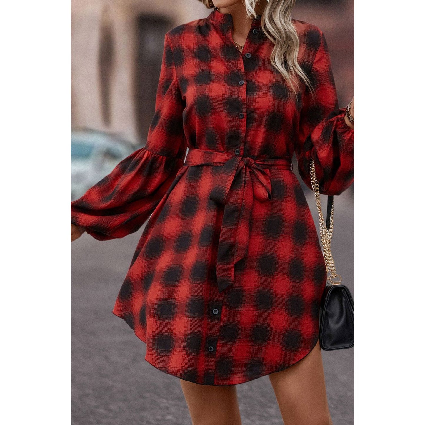 Plaid Tie Waist Balloon Sleeve Mini Dress - TiffanyzKlozet