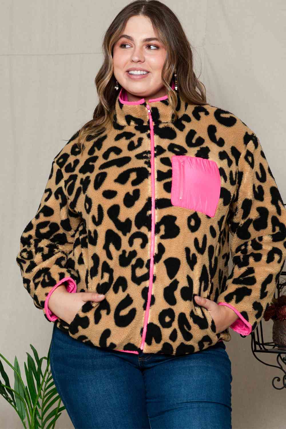 Curvy Leopard Zip-Up Jacket with Pockets - TiffanyzKlozet