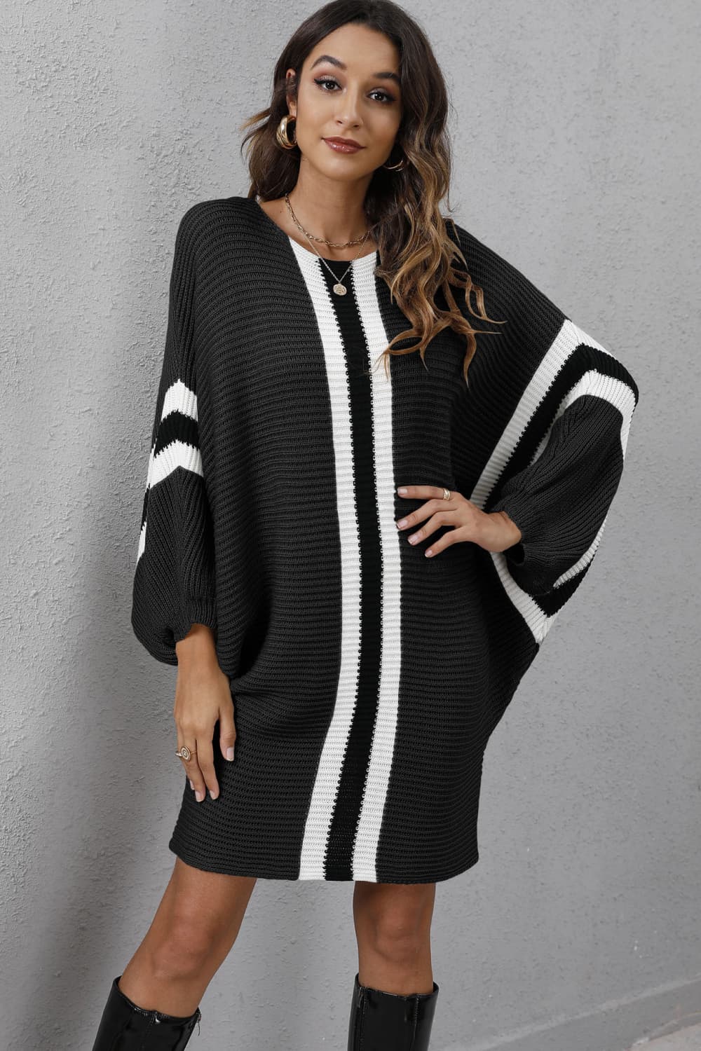 Ribbed Round Neck Long Sleeve Sweater Dress - TiffanyzKlozet