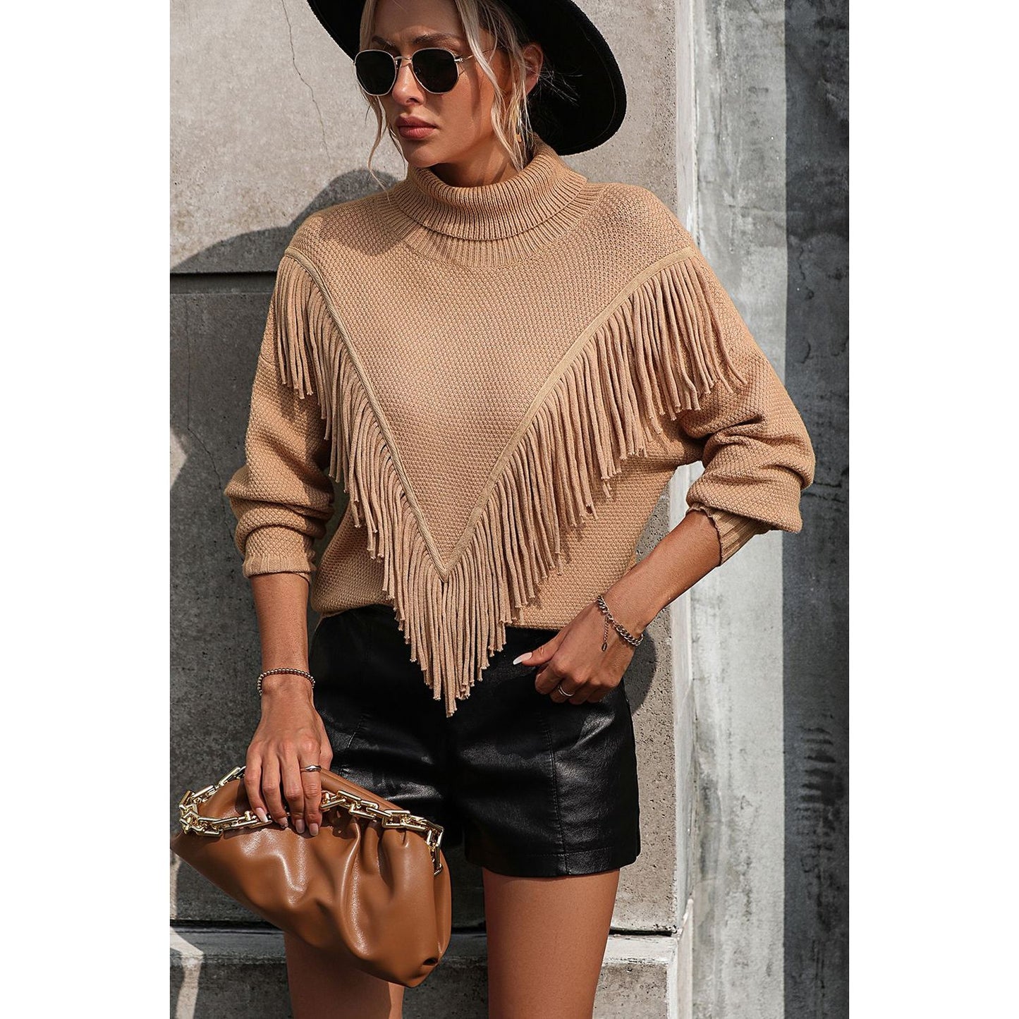 Turtle Neck Tassel Front Long Sleeve Pullover Sweater - TiffanyzKlozet