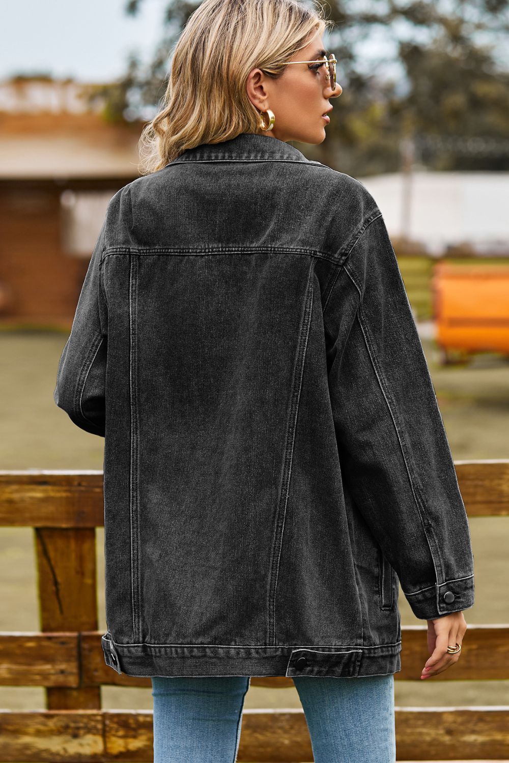 Buttoned Collared Neck Denim Jacket with Pockets - TiffanyzKlozet