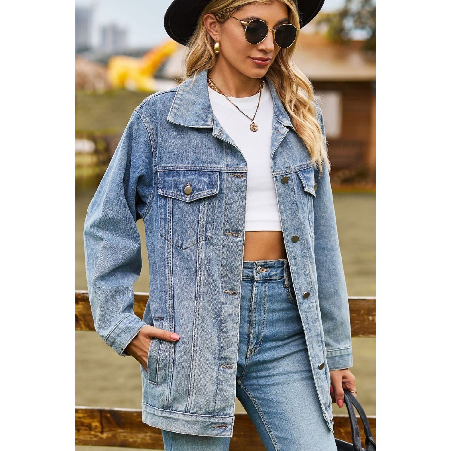 Buttoned Collared Neck Denim Jacket with Pockets - TiffanyzKlozet