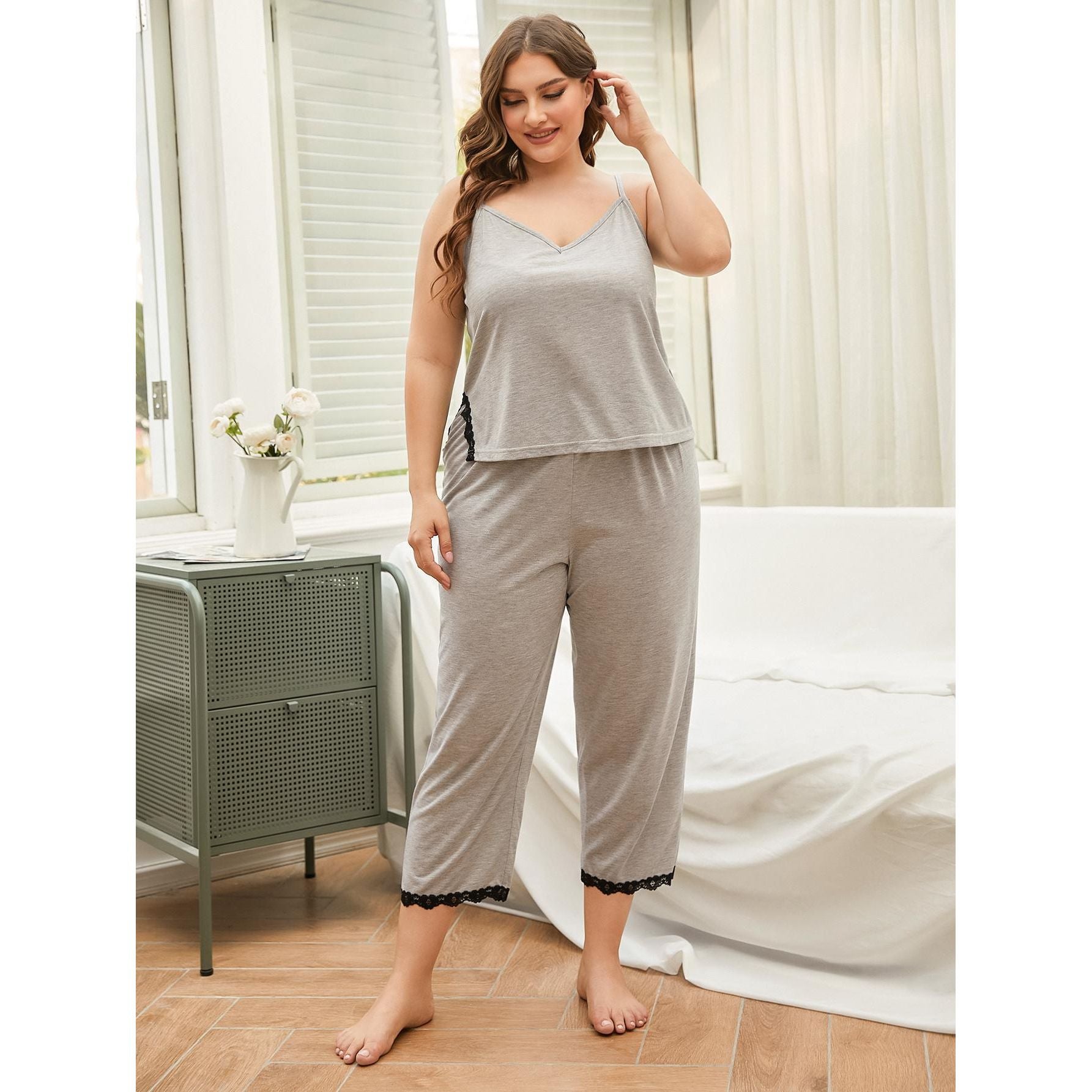 Plus Size Lace Trim Slit Cami and Pants Pajama Set - TiffanyzKlozet