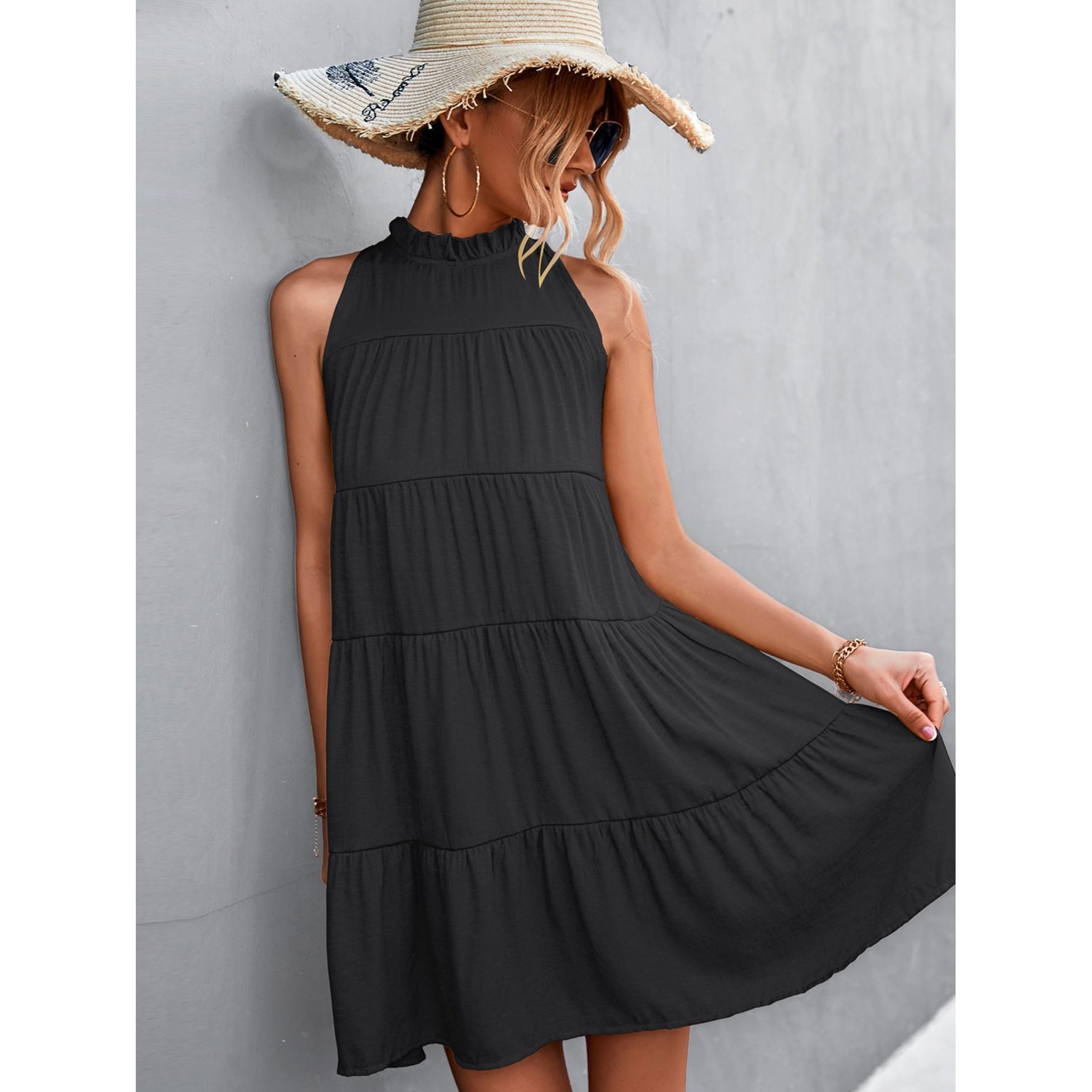 Tie Back Mock Neck Tiered Dress - TiffanyzKlozet