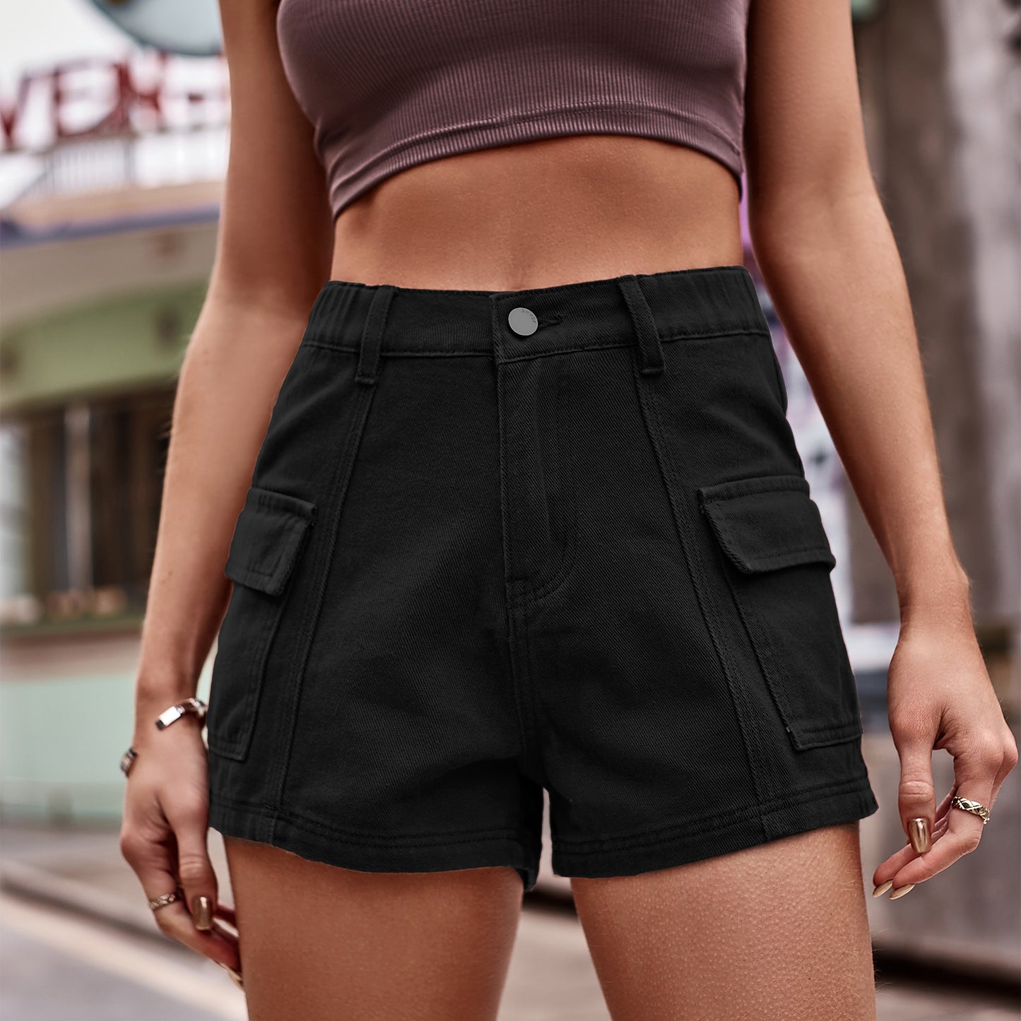 High-Waist Denim Shorts with Pockets - TiffanyzKlozet