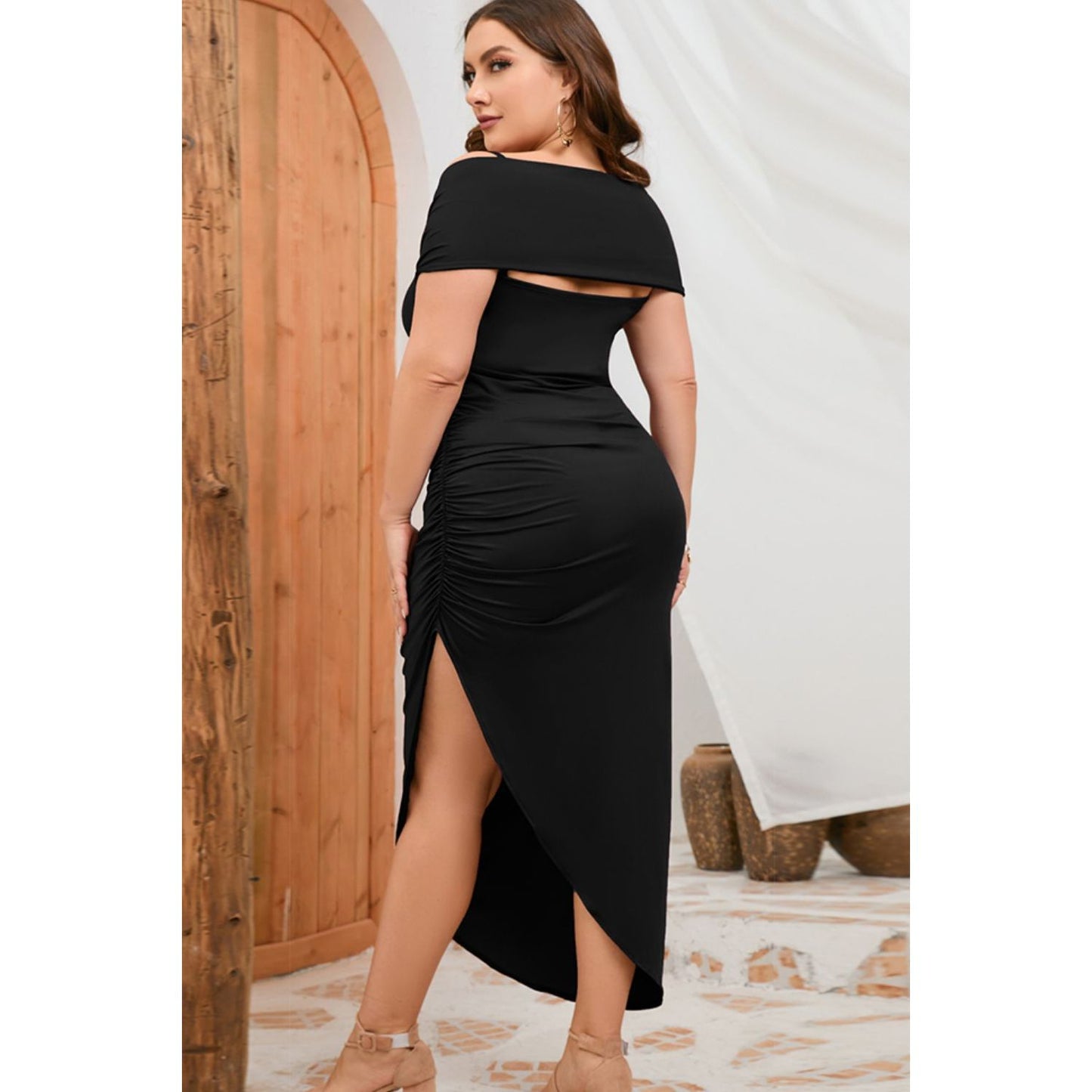 Plus Size Asymmetrical Hem Ruched Dress - TiffanyzKlozet