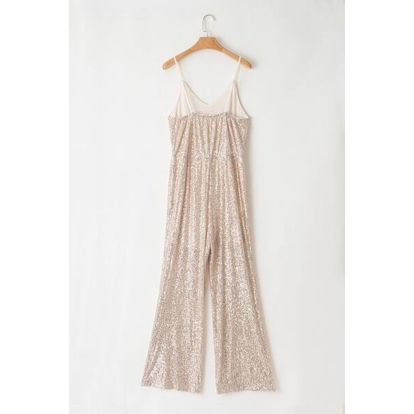 Sequin Spaghetti Strap Wide Leg Jumpsuit - TiffanyzKlozet