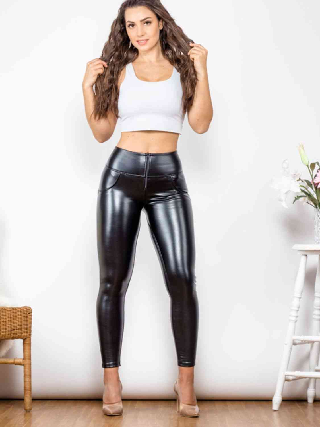 Glossy PU Leather Long Pants - TiffanyzKlozet