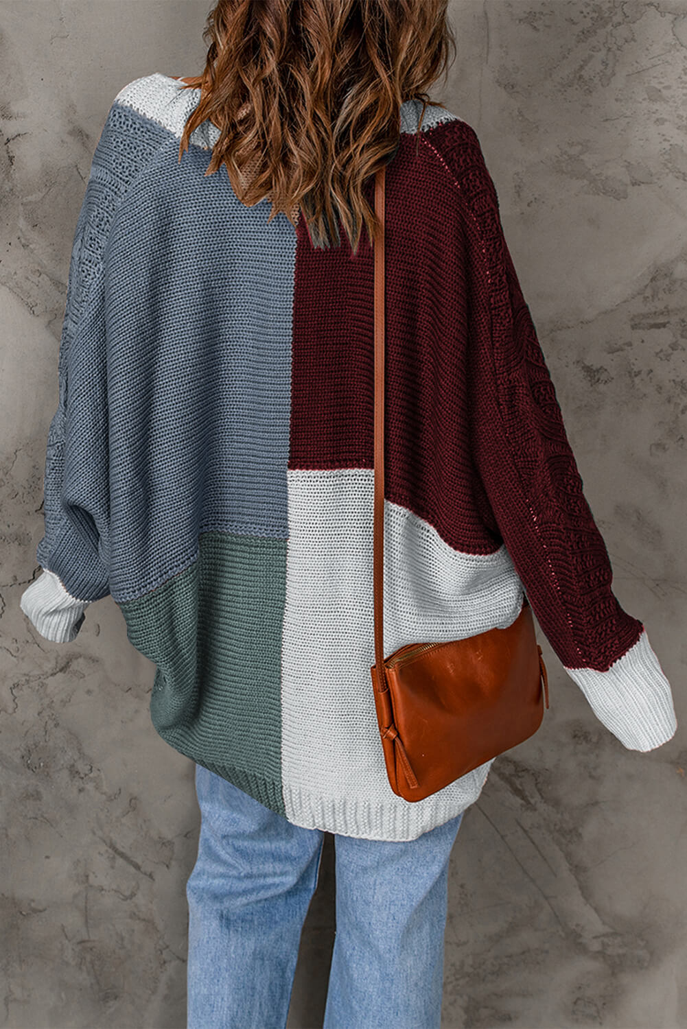 Woven Right Color Block Cable-Knit Batwing Sleeve Cardigan - TiffanyzKlozet
