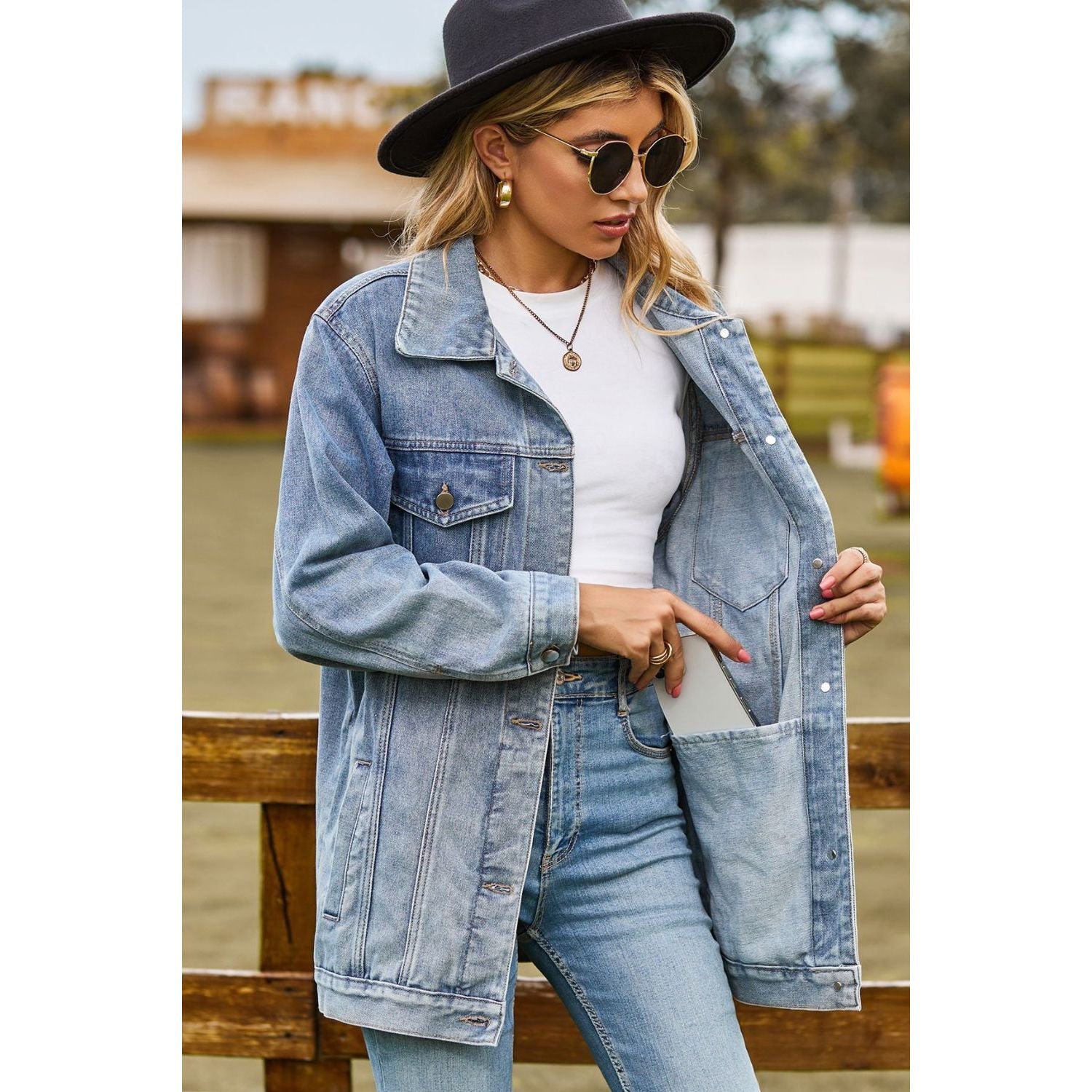 Buttoned Collared Neck Denim Jacket with Pockets - TiffanyzKlozet