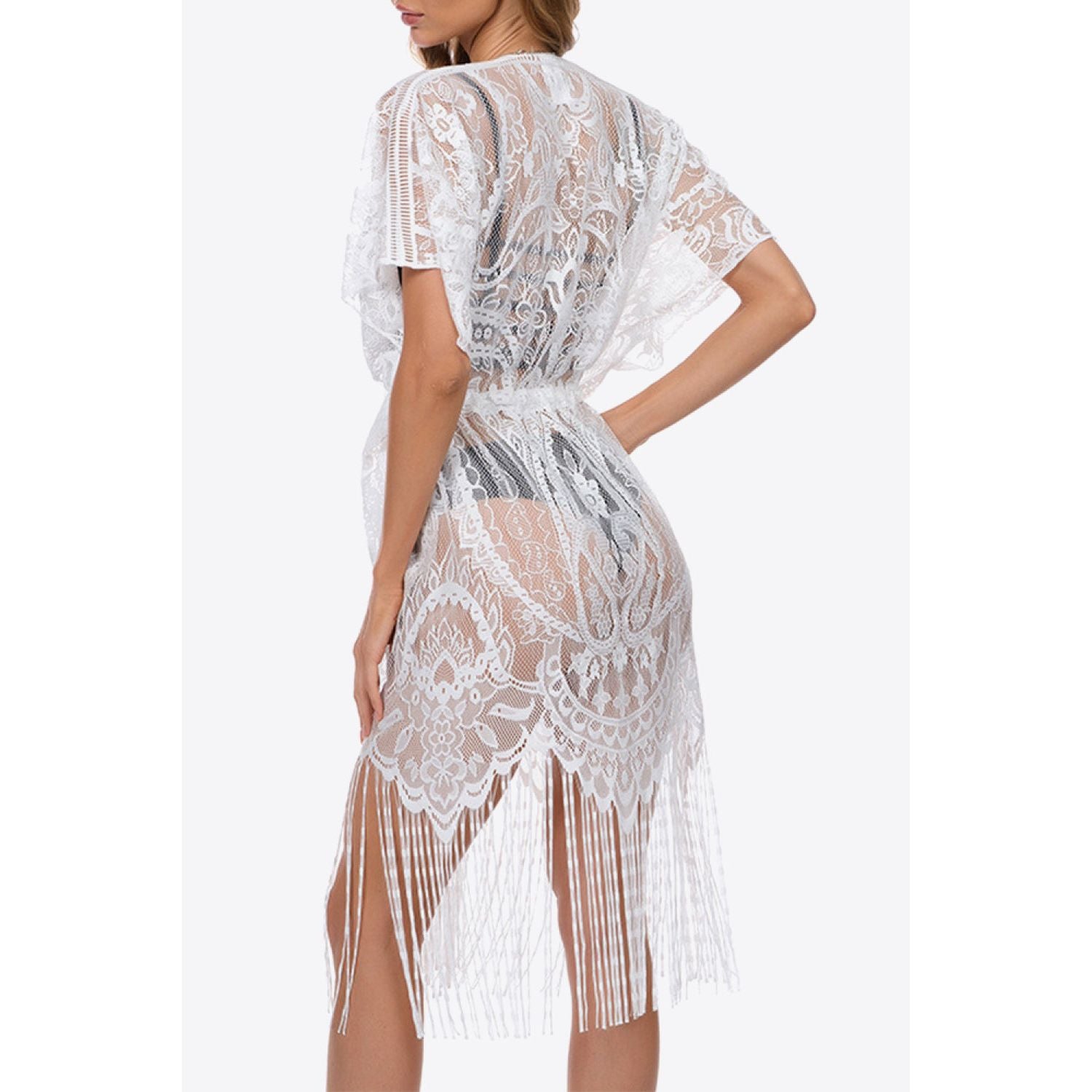 Fringe Trim Lace Cover-Up Dress - TiffanyzKlozet