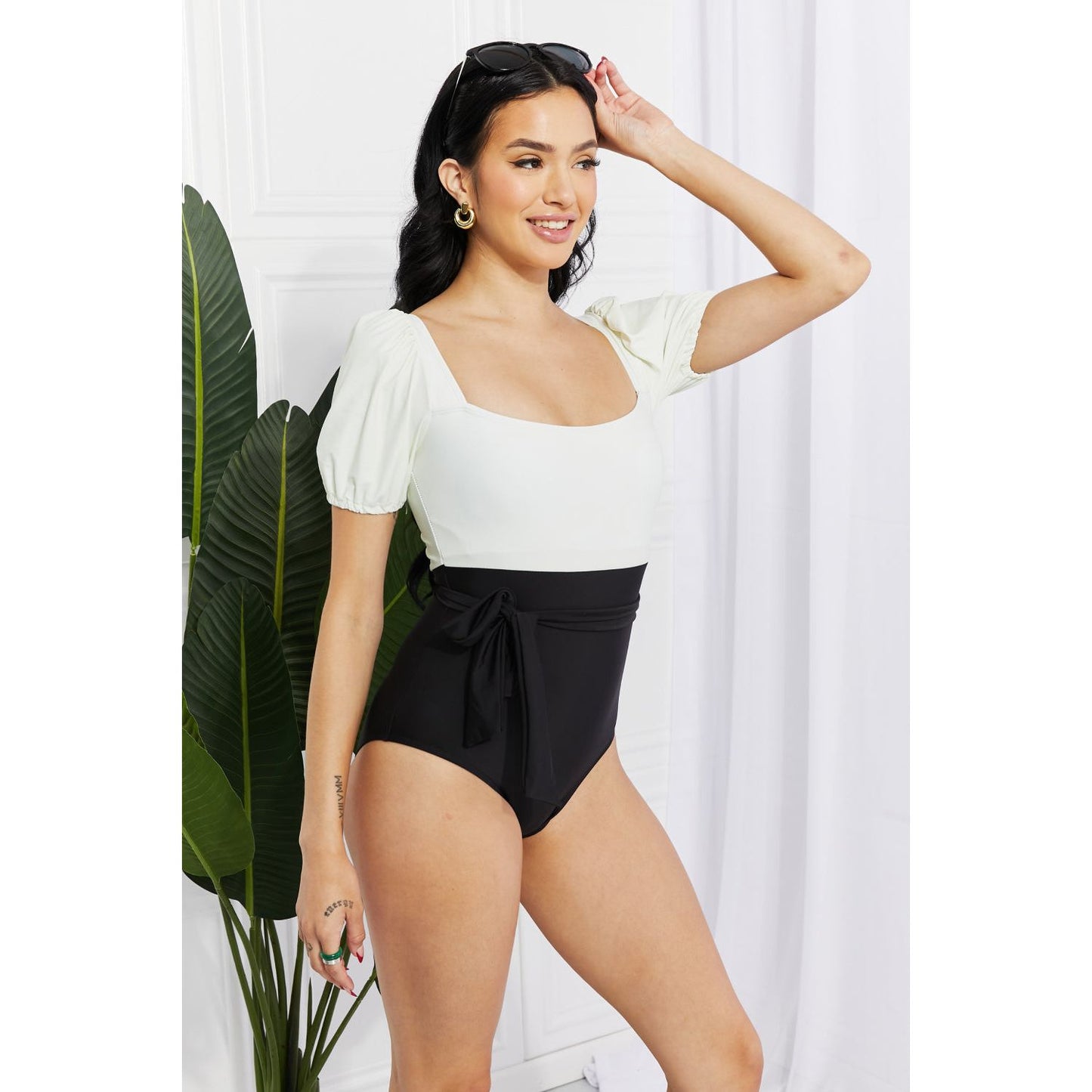 Marina West Swim Salty Air Puff Sleeve One-Piece in Cream/Black - TiffanyzKlozet