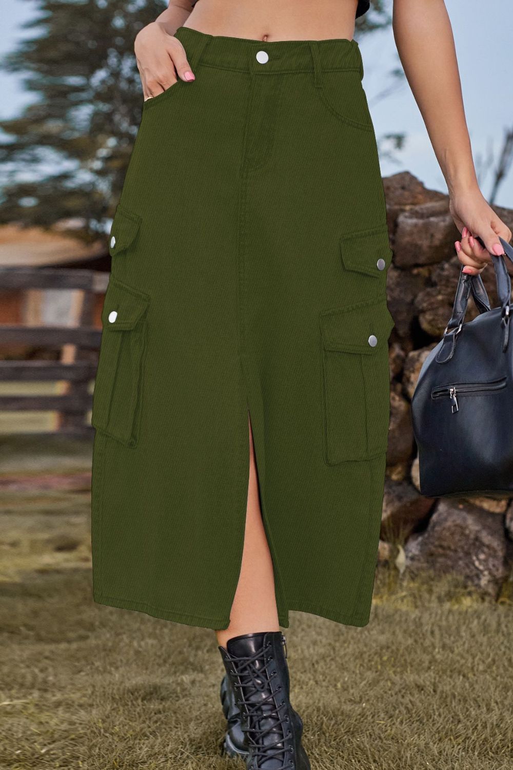 Slit Front Midi Denim Skirt with Pockets - TiffanyzKlozet