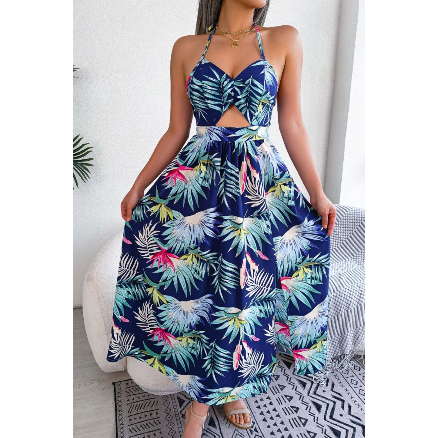 Botanical Print Tied Backless Cutout Slit Dress - TiffanyzKlozet