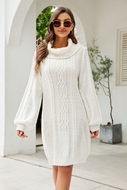 Woven Right Mixed Knit Turtleneck Lantern Sleeve Sweater Dress - TiffanyzKlozet