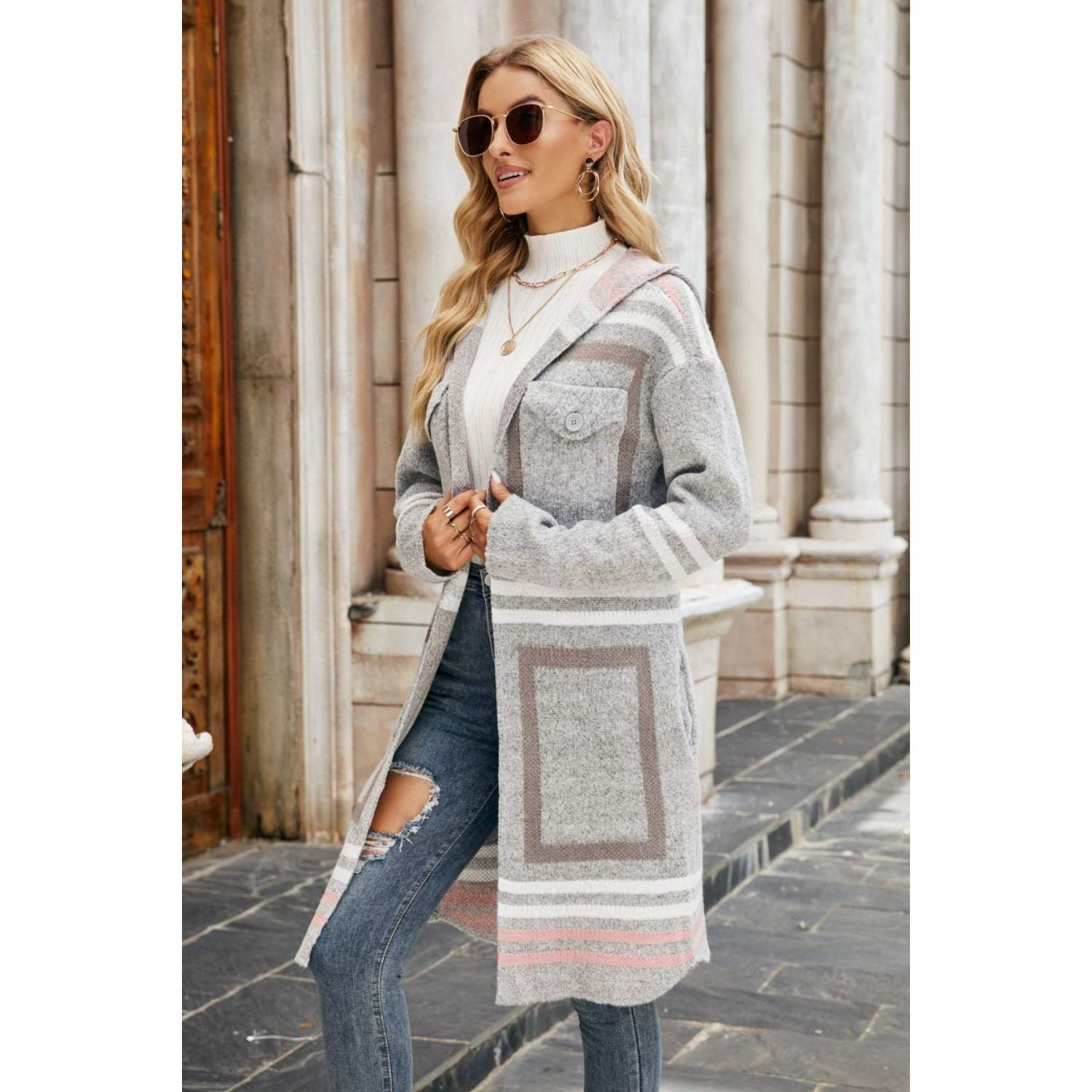 Printed Open Front Hooded Longline Cardigan - TiffanyzKlozet