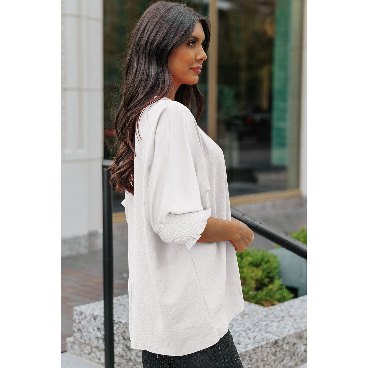 Round Neck Dolman Sleeve Textured Blouse - TiffanyzKlozet