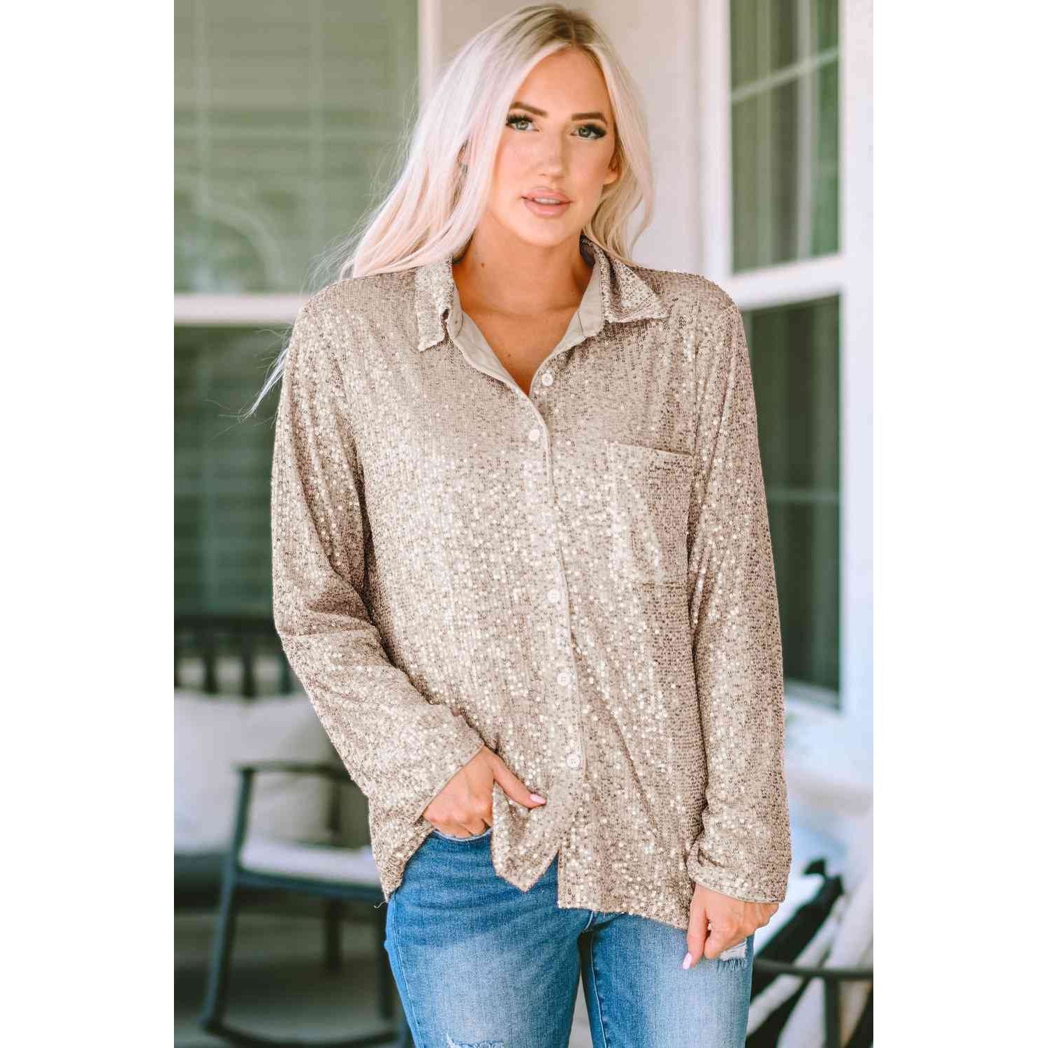 Collared Neck Buttoned Long Sleeve Shirt - TiffanyzKlozet