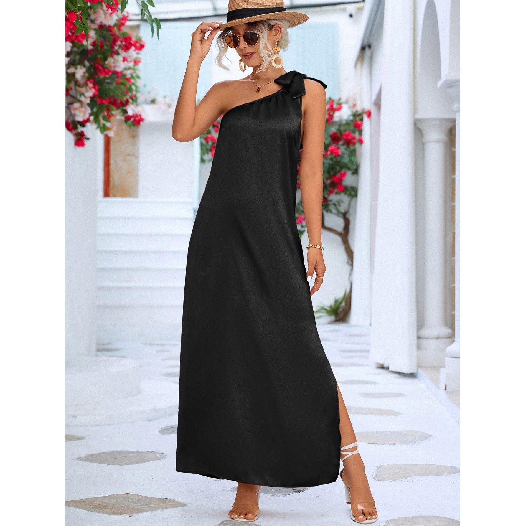 One-Shoulder Slit Maxi Dress - TiffanyzKlozet