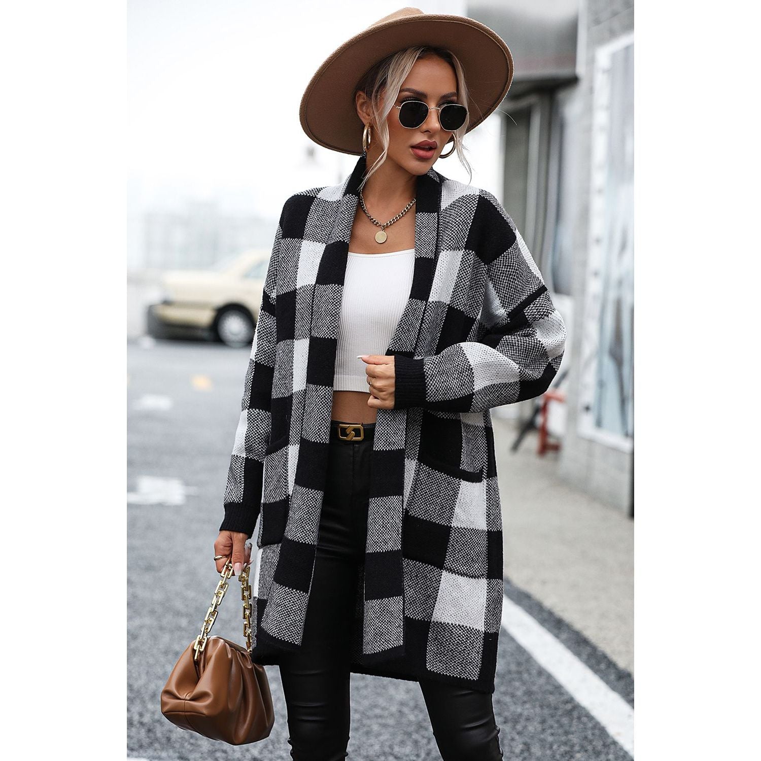 Plaid Dropped Shoulder Cardigan with Pocket - TiffanyzKlozet