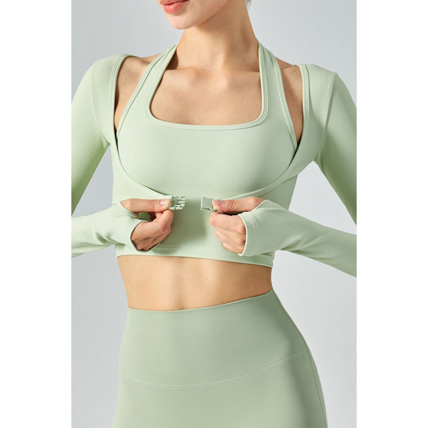 Ribbed Faux Layered Halter Neck Cropped Sports Top - TiffanyzKlozet