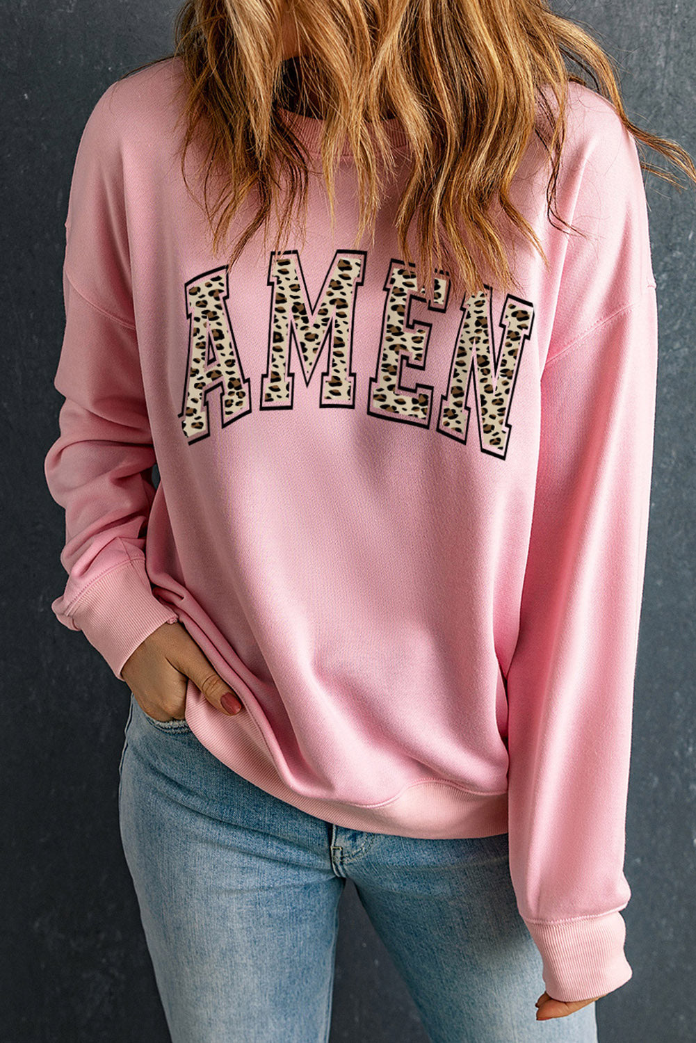 Round Neck Dropped Shoulder AMEN Graphic Sweatshirt - TiffanyzKlozet