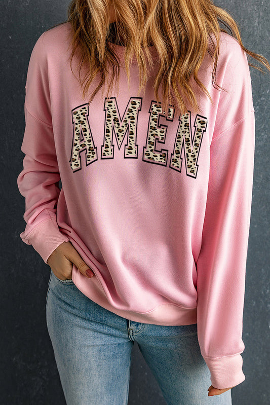 Round Neck Dropped Shoulder AMEN Graphic Sweatshirt - TiffanyzKlozet
