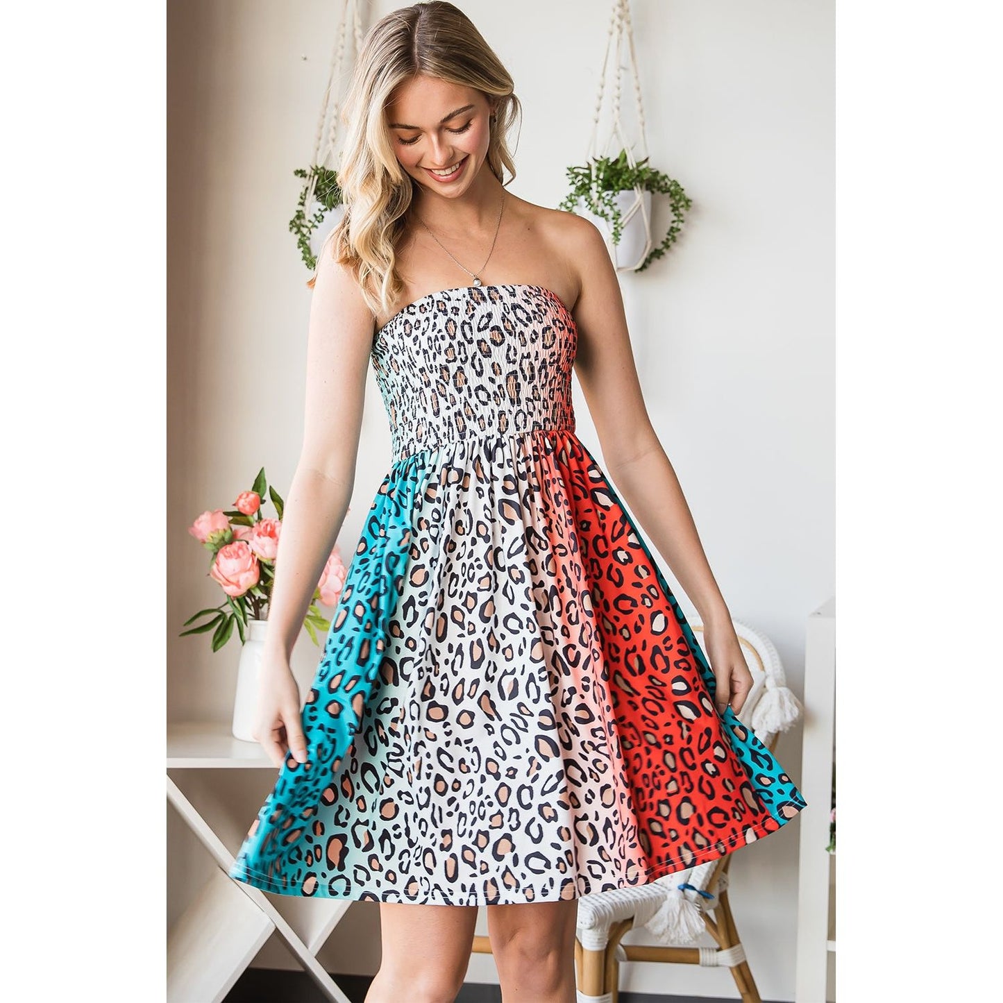 Leopard Print Smocked Strapless Dress - TiffanyzKlozet
