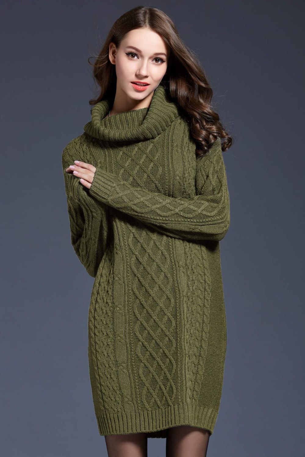 Woven Right Full Size Mixed Knit Cowl Neck Dropped Shoulder Sweater Dress - TiffanyzKlozet