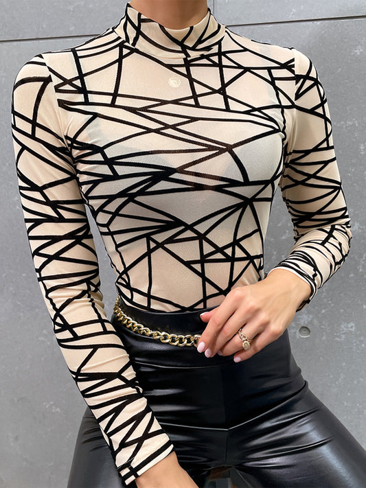 Geometric Mock Neck Long Sleeve Top - TiffanyzKlozet