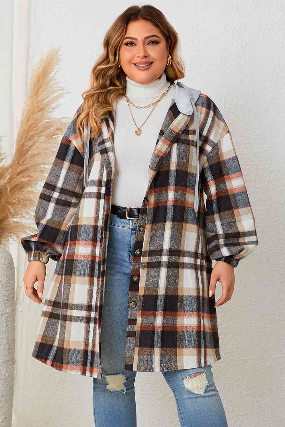Plus Size Plaid Drop Shoulder Hooded Coat - TiffanyzKlozet