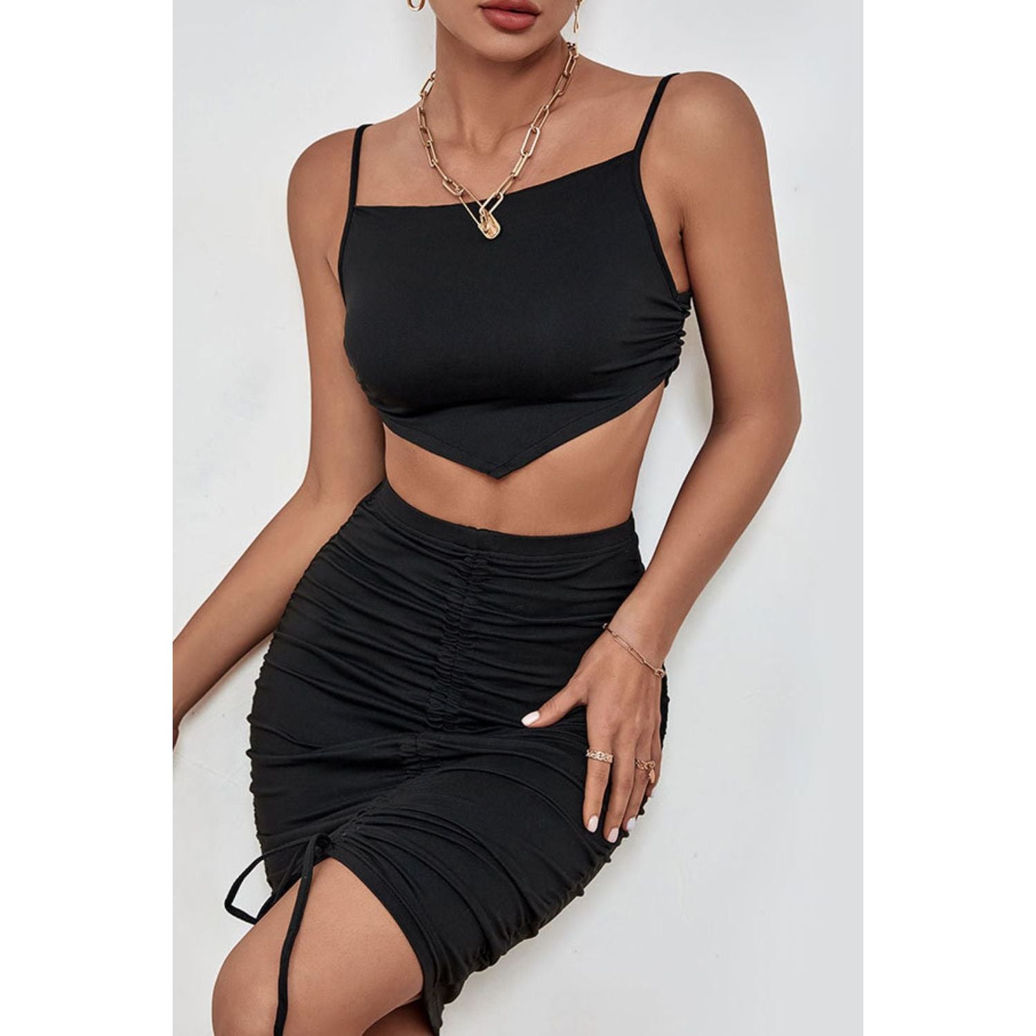 Spaghetti Strap Cropped Top and Ruched Skirt Set - TiffanyzKlozet